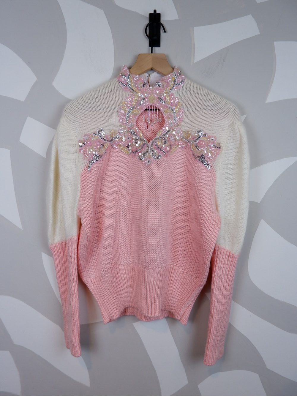 Vintage Pink and Ivory Wool Blend Maurada Sequined Sweater | M